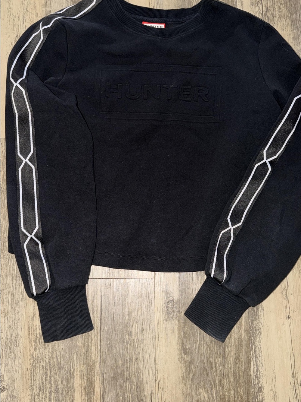 Hunter Black Crewneck Sweater with White Sleeve Stripes